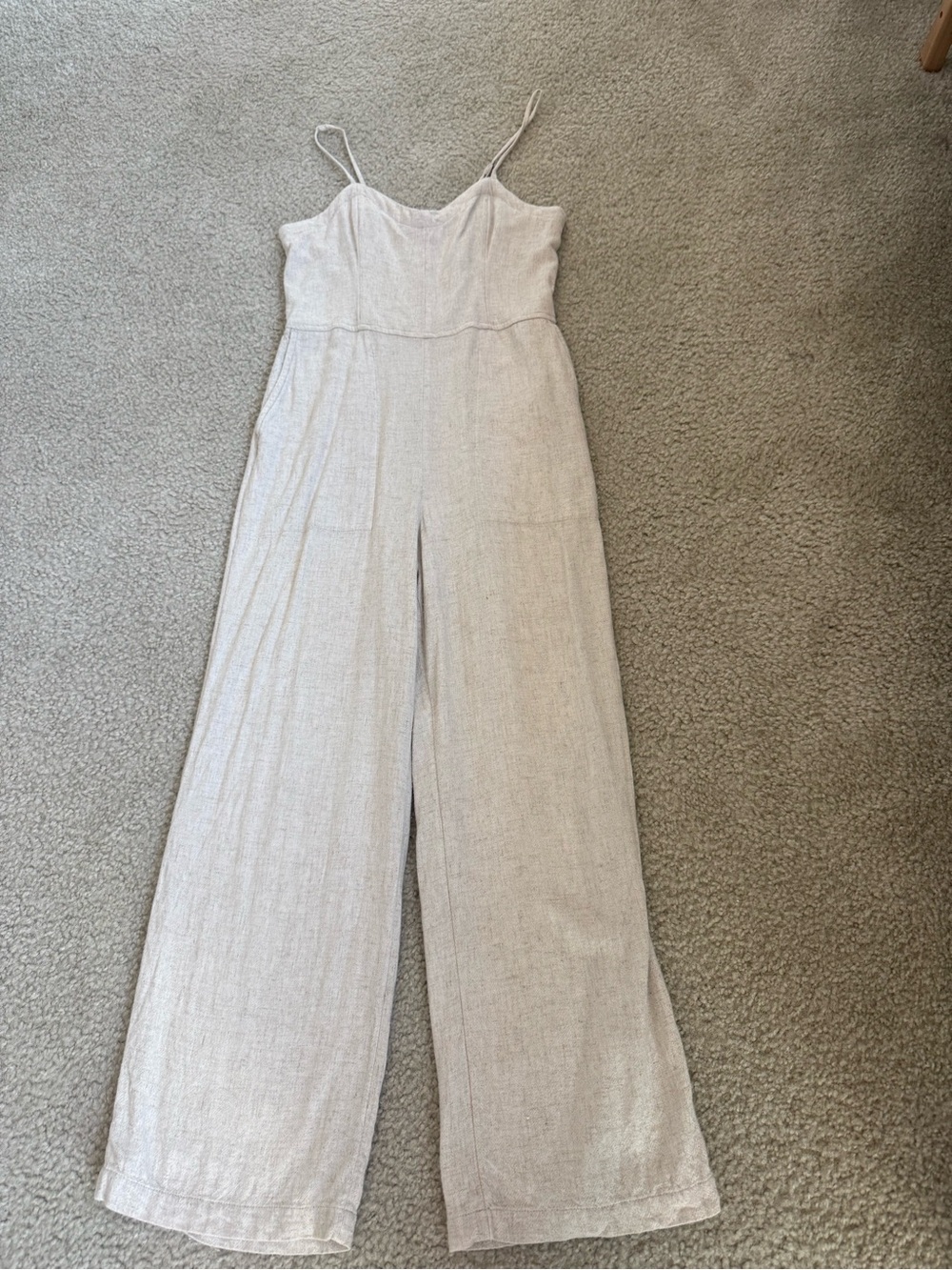 Abercrombie & Fitch Light Beige Linen-Blend Wide-Leg Jumpsuit